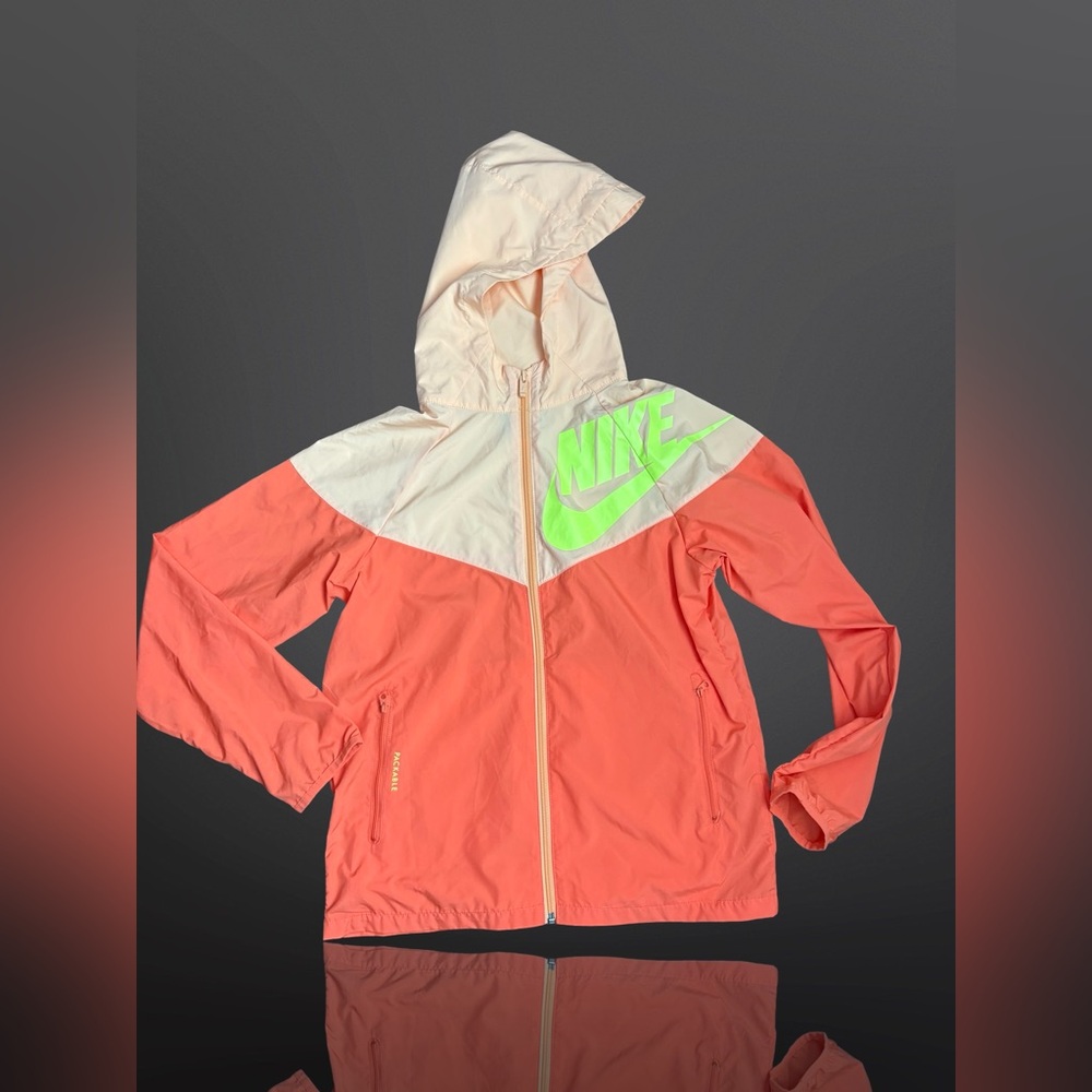 Nike Kids Windbreaker Jacket Full Zip Packable Size Large Orange/Green Neon